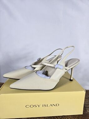 Cosy Island Women's Cream Pointed Slingback Heels Size 11